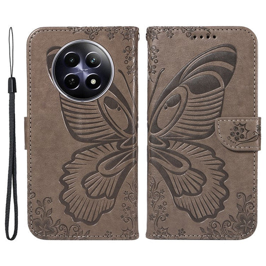 For Realme 12 5G Phone Stand Case Butterfly Imprint Leather Wallet Phone Cover with Strap - Grey