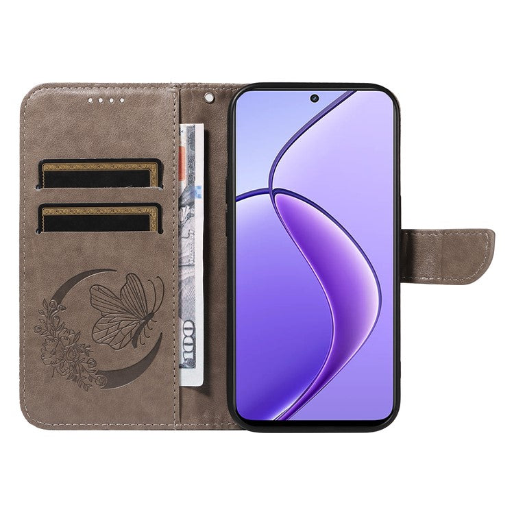 For Realme 12 5G Phone Stand Case Butterfly Imprint Leather Wallet Phone Cover with Strap - Grey