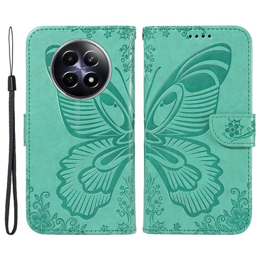 For Realme 12 5G Phone Stand Case Butterfly Imprint Leather Wallet Phone Cover with Strap - Green