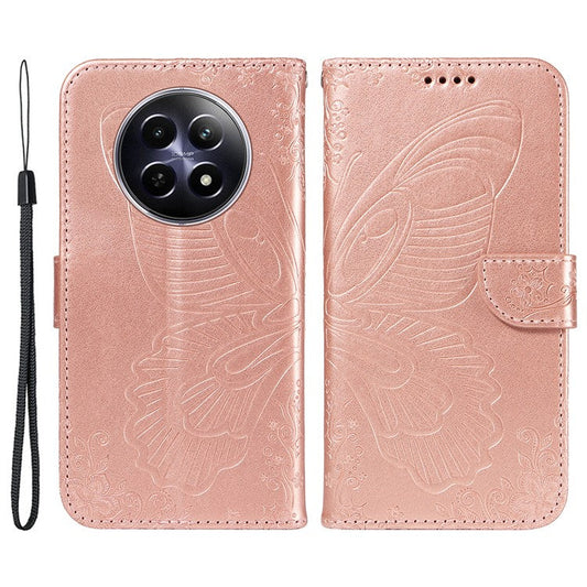 For Realme 12 5G Phone Stand Case Butterfly Imprint Leather Wallet Phone Cover with Strap - Rose Gold