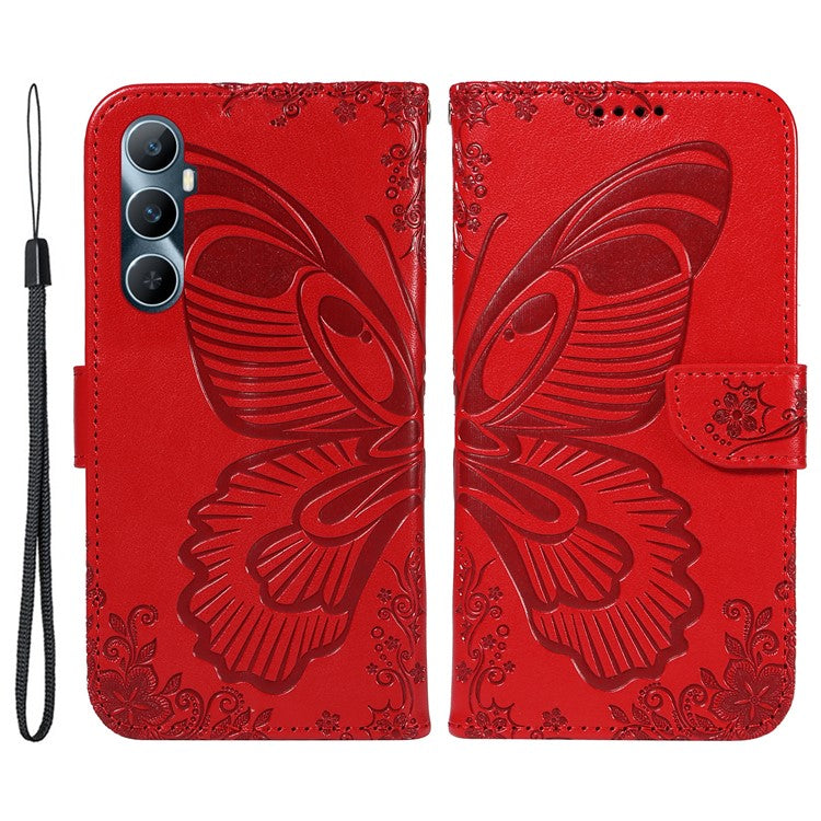 For Realme C65 4G Wholesale Phone Case Butterfly Pattern PU Leather Flip Phone Cover - Red