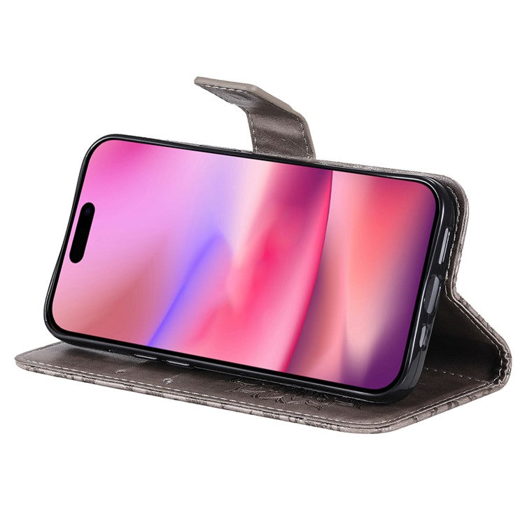 KT Imprinting Flower Series-1 For iPhone 16 Wallet Case Imprint PU Leather Card Slots Cover - Grey
