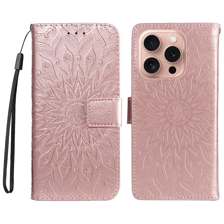 KT Imprinting Flower Series-1 For iPhone 16 Pro Case PU Leather Flip Wallet Stand Cover - Rose Gold
