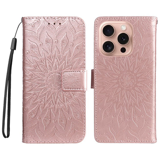 KT Imprinting Flower Series-1 For iPhone 16 Pro Case PU Leather Flip Wallet Stand Cover - Rose Gold