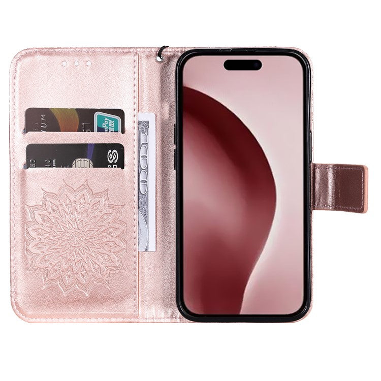 KT Imprinting Flower Series-1 For iPhone 16 Pro Case PU Leather Flip Wallet Stand Cover - Rose Gold