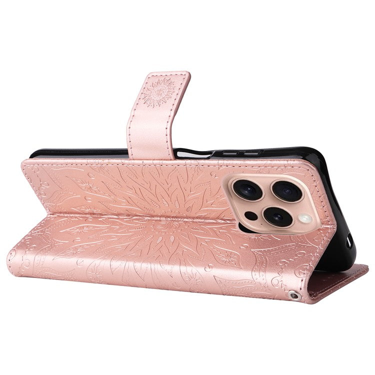 KT Imprinting Flower Series-1 For iPhone 16 Pro Case PU Leather Flip Wallet Stand Cover - Rose Gold