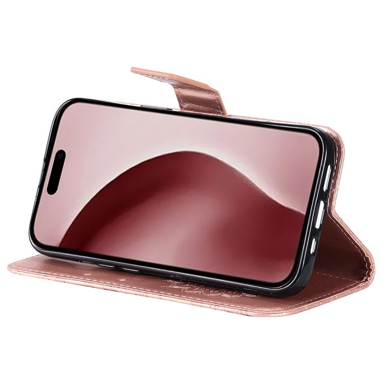 KT Imprinting Flower Series-1 For iPhone 16 Pro Case PU Leather Flip Wallet Stand Cover - Rose Gold