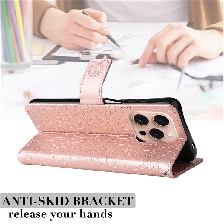 KT Imprinting Flower Series-1 For iPhone 16 Pro Case PU Leather Flip Wallet Stand Cover - Rose Gold