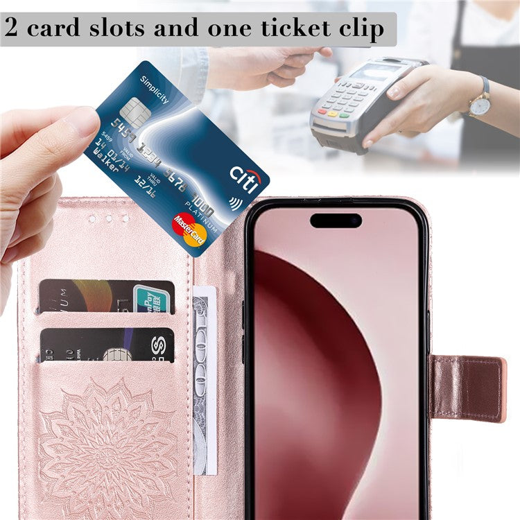 KT Imprinting Flower Series-1 For iPhone 16 Pro Case PU Leather Flip Wallet Stand Cover - Rose Gold