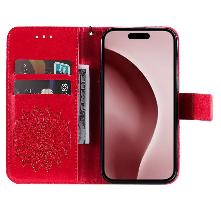 KT Imprinting Flower Series-1 For iPhone 16 Pro Case PU Leather Flip Wallet Stand Cover - Red