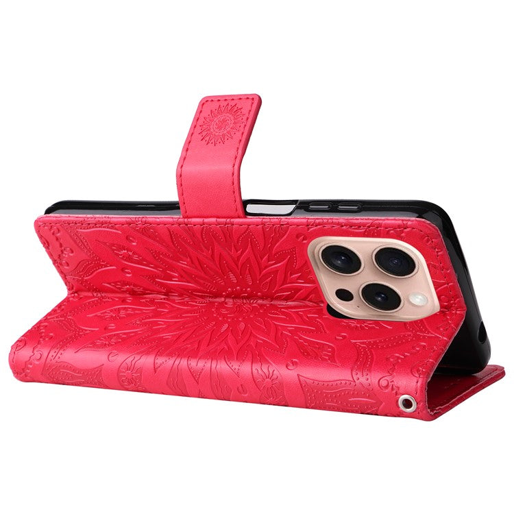 KT Imprinting Flower Series-1 For iPhone 16 Pro Case PU Leather Flip Wallet Stand Cover - Red