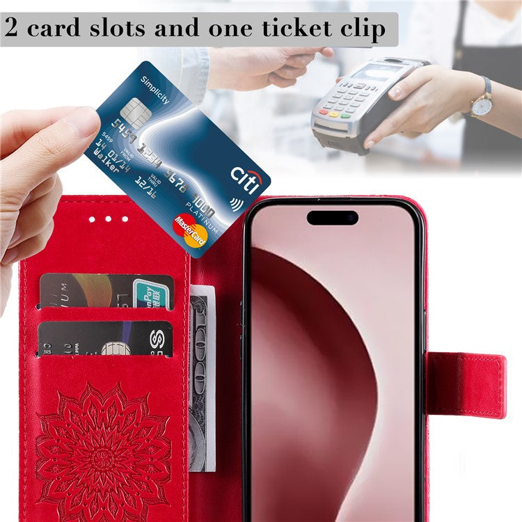 KT Imprinting Flower Series-1 For iPhone 16 Pro Case PU Leather Flip Wallet Stand Cover - Red