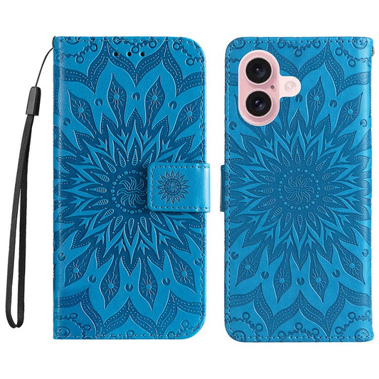 KT Imprinting Flower Series-1 For iPhone 16 Plus Case PU Leather Wallet Card Slots Cover - Blue