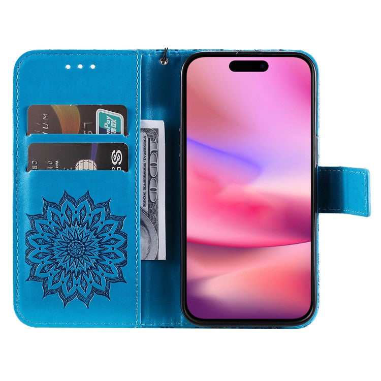 KT Imprinting Flower Series-1 For iPhone 16 Plus Case PU Leather Wallet Card Slots Cover - Blue