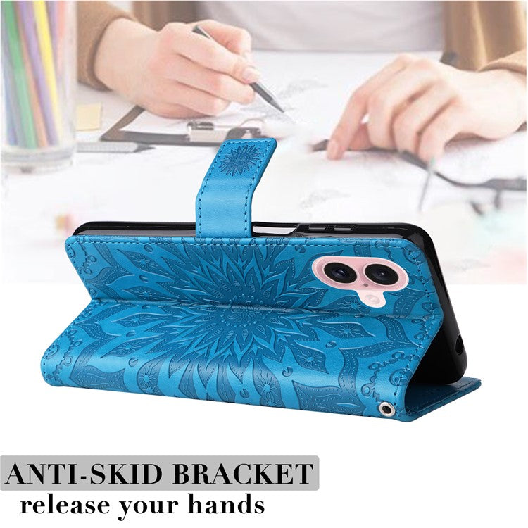 KT Imprinting Flower Series-1 For iPhone 16 Plus Case PU Leather Wallet Card Slots Cover - Blue
