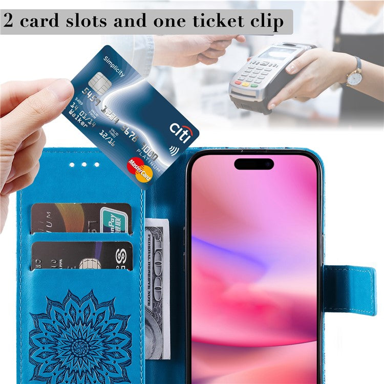 KT Imprinting Flower Series-1 For iPhone 16 Plus Case PU Leather Wallet Card Slots Cover - Blue