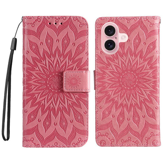 KT Imprinting Flower Series-1 For iPhone 16 Plus Case PU Leather Wallet Card Slots Cover - Pink
