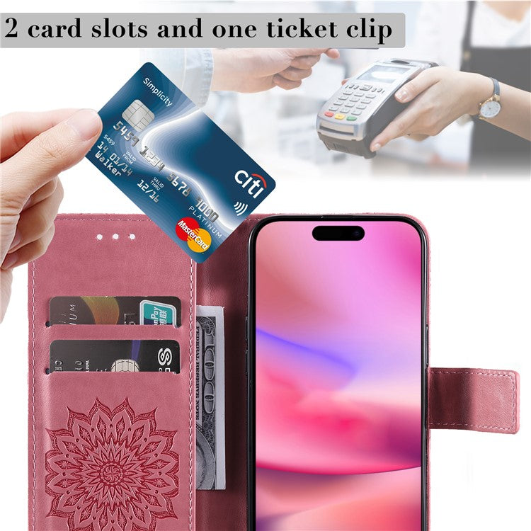KT Imprinting Flower Series-1 For iPhone 16 Plus Case PU Leather Wallet Card Slots Cover - Pink