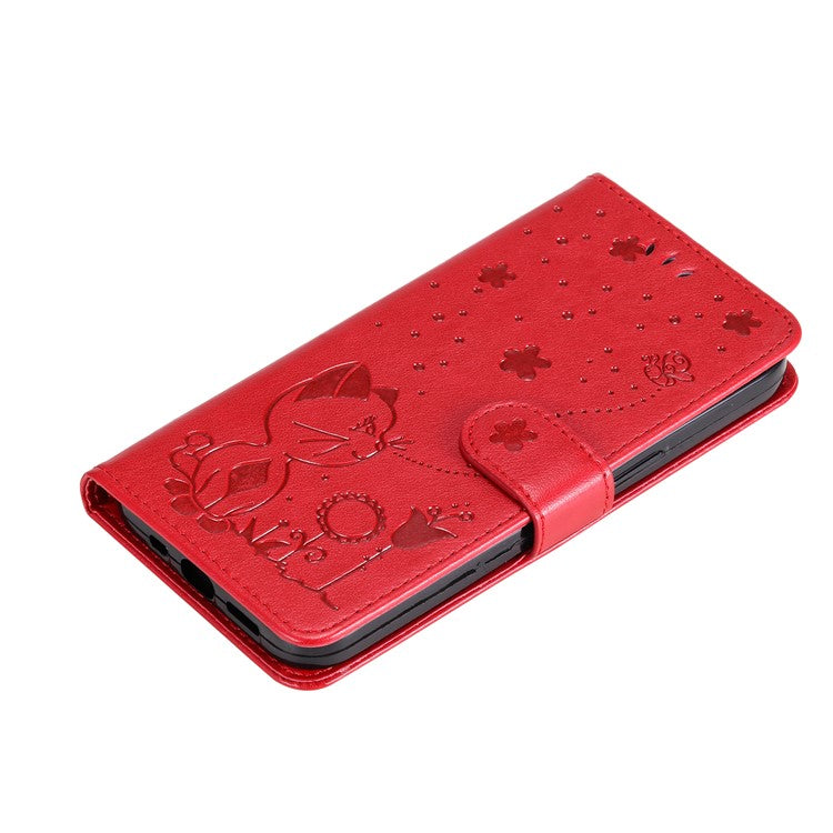 KT Imprinting Flower Series-4 For OnePlus Nord CE4 5Gt Case Leather Wallet Cover Cat Bee Pattern - Red