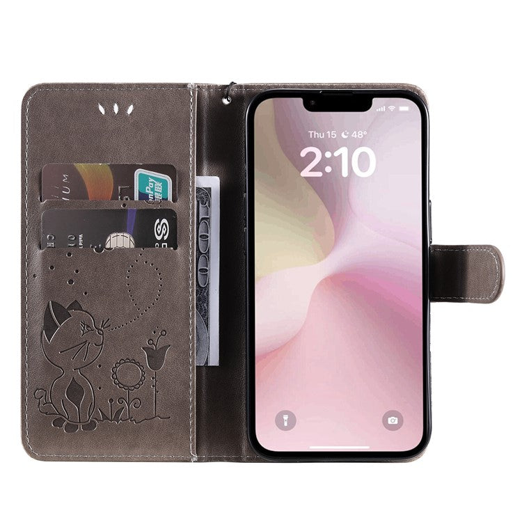 For iPhone 16e Case Cat Bee Imprinted Leather Wallet Cover - Grey