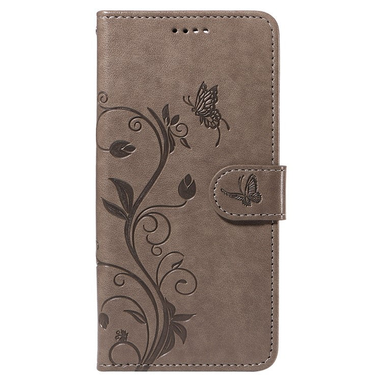 For iPhone 16e Case Butterfly Flower PU Leather Phone Cover with Card Holder - Grey
