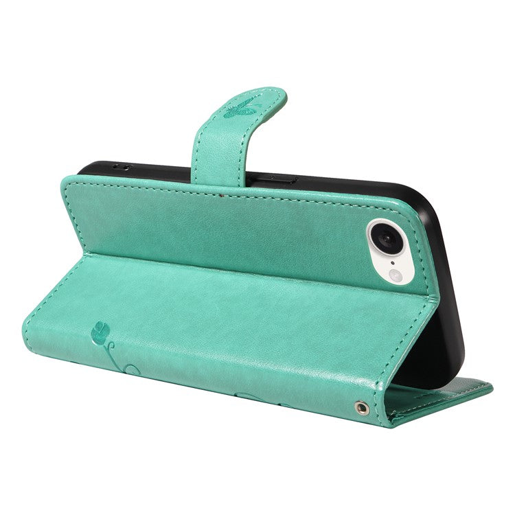 For iPhone 16e Case Butterfly Flower PU Leather Phone Cover with Card Holder - Green