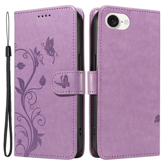 For iPhone 16e Case Butterfly Flower PU Leather Phone Cover with Card Holder - Light Purple