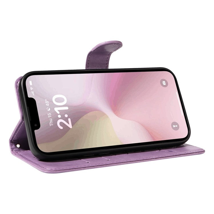 For iPhone 16e Case Butterfly Flower PU Leather Phone Cover with Card Holder - Light Purple
