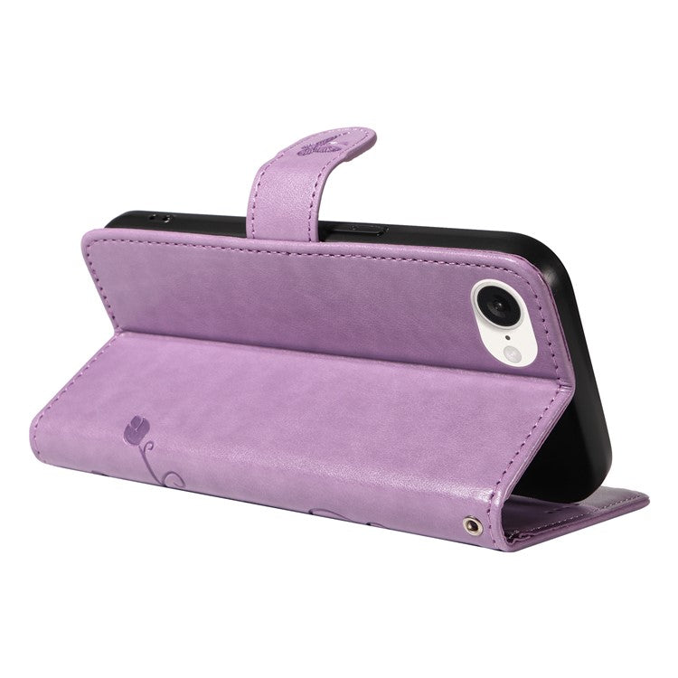 For iPhone 16e Case Butterfly Flower PU Leather Phone Cover with Card Holder - Light Purple