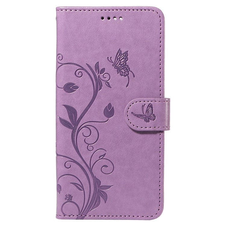 For iPhone 16e Case Butterfly Flower PU Leather Phone Cover with Card Holder - Light Purple