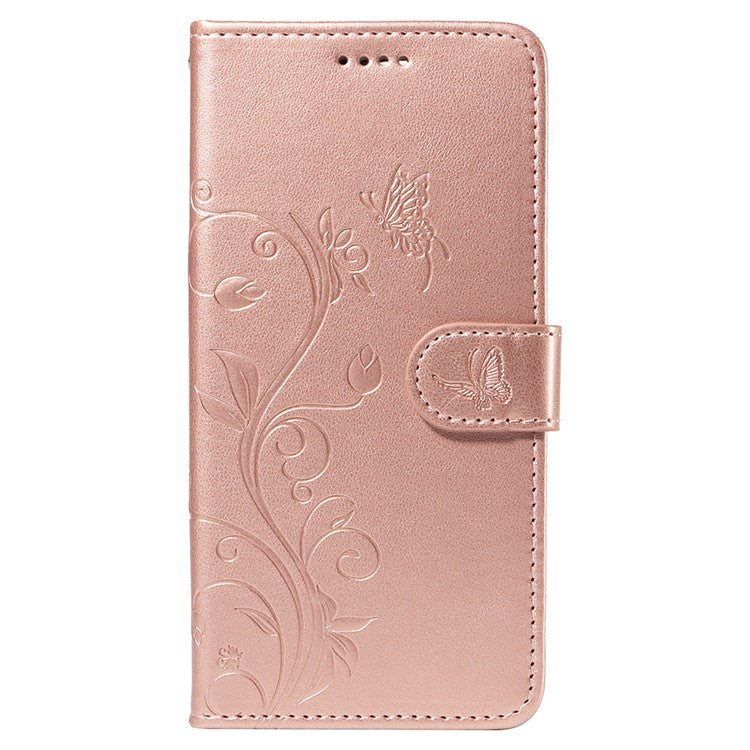 For iPhone 16e Case Butterfly Flower PU Leather Phone Cover with Card Holder - Rose Gold