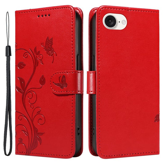 For iPhone 16e Case Butterfly Flower PU Leather Phone Cover with Card Holder - Red