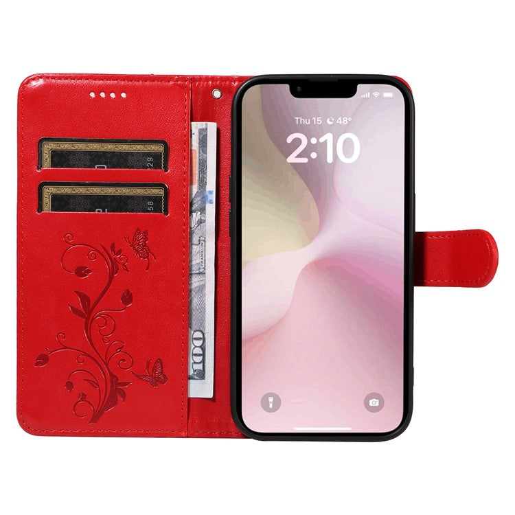 For iPhone 16e Case Butterfly Flower PU Leather Phone Cover with Card Holder - Red