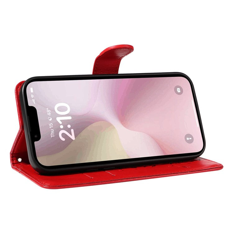For iPhone 16e Case Butterfly Flower PU Leather Phone Cover with Card Holder - Red