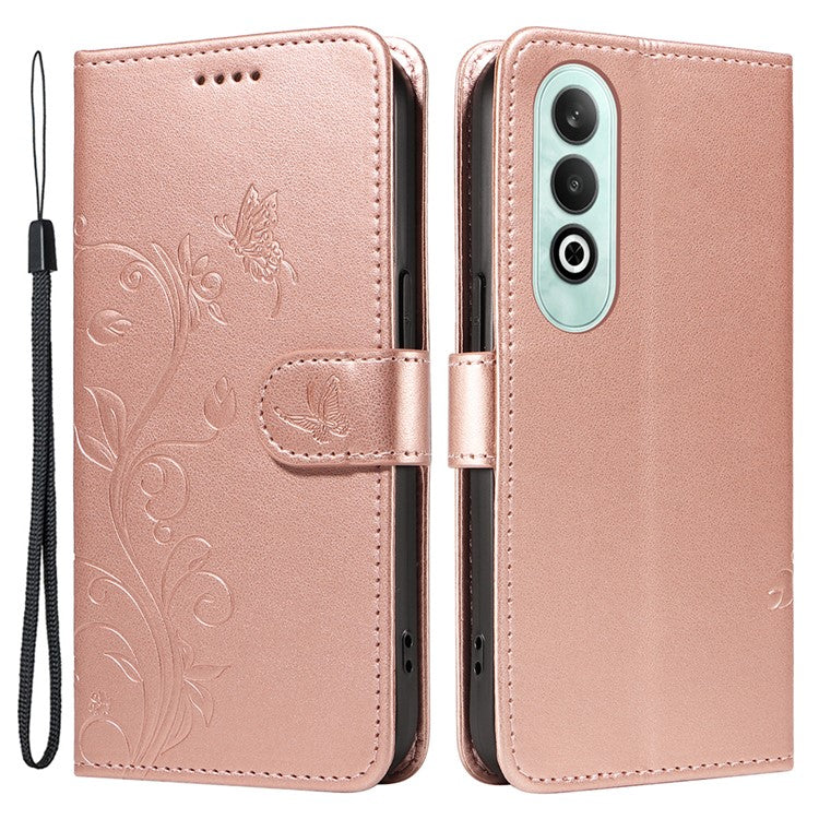 For OnePlus Nord CE4 5G Case Butterfly Flower Pattern PU Leather Phone Cover - Rose Gold