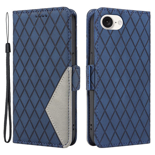 For iPhone 16e Wallet Case Rhombus Grid Leather Shockproof Phone Cover - Blue