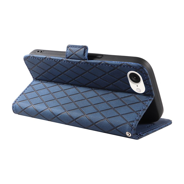 For iPhone 16e Wallet Case Rhombus Grid Leather Shockproof Phone Cover - Blue