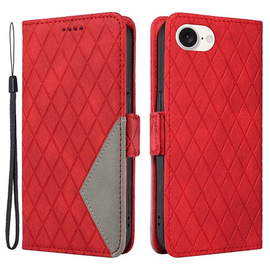 For iPhone 16e Wallet Case Rhombus Grid Leather Shockproof Phone Cover - Red