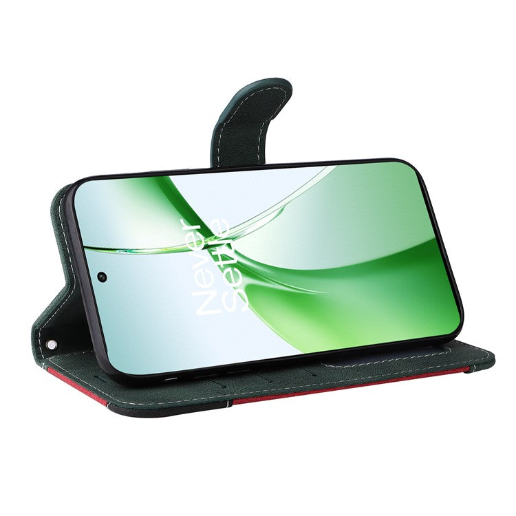 For OnePlus Nord CE4 5G Phone Case Three-Color Splicing Card Holder Stand Phone Cover - Green