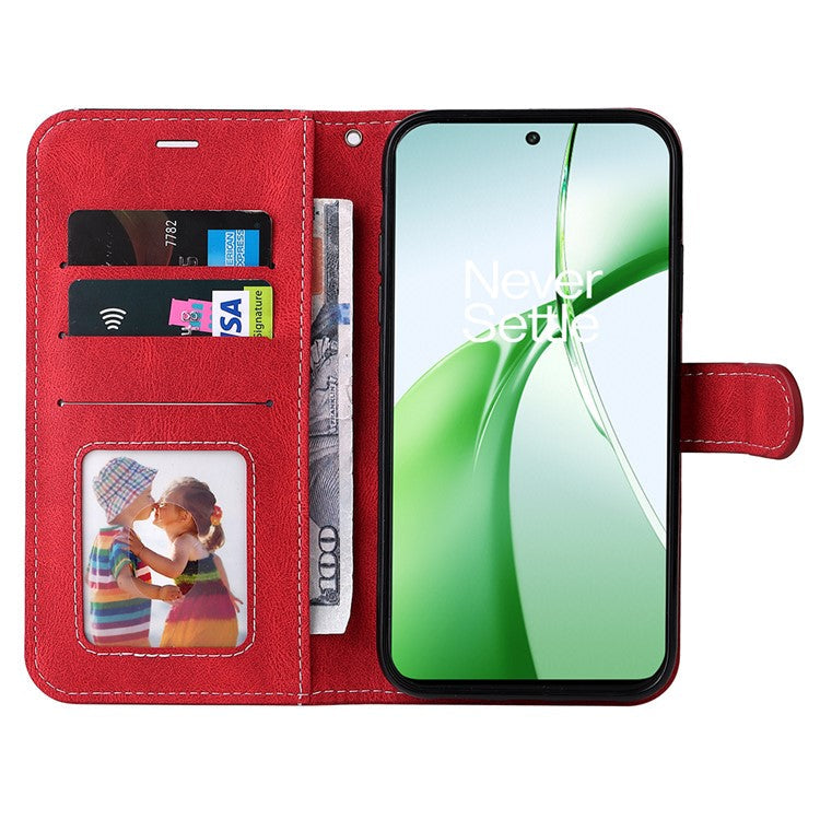 For OnePlus Nord CE4 5G Phone Case Three-Color Splicing Card Holder Stand Phone Cover - Red
