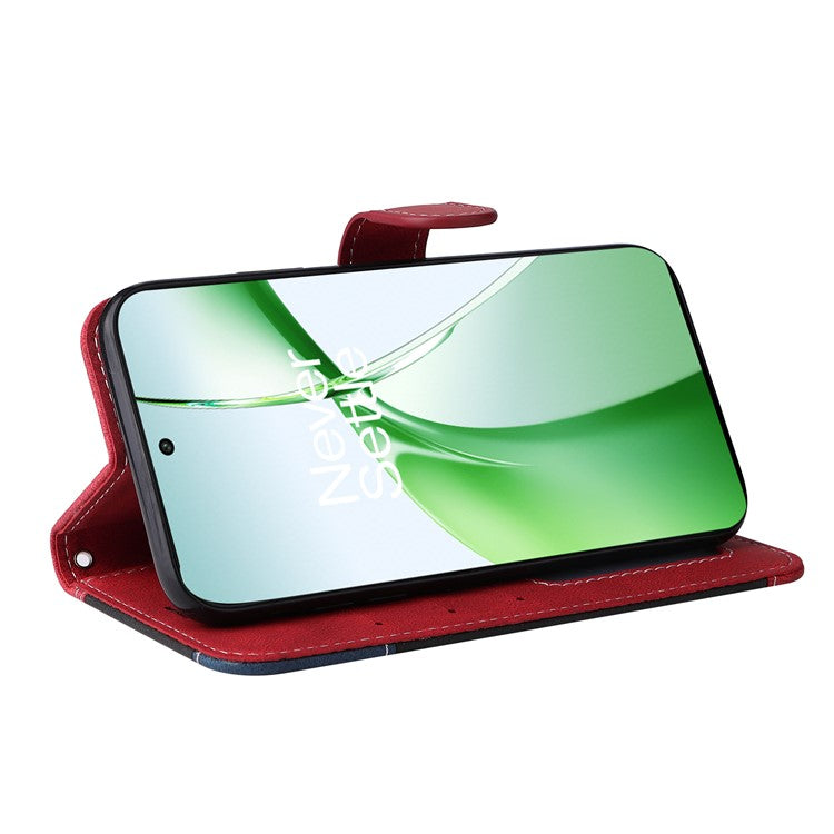 For OnePlus Nord CE4 5G Phone Case Three-Color Splicing Card Holder Stand Phone Cover - Red