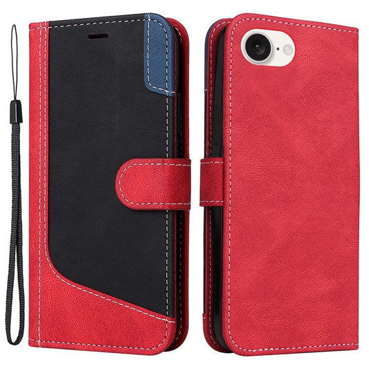 For iPhone 16e Case Wallet PU Leather Three-Color Splicing Phone Cover - Red
