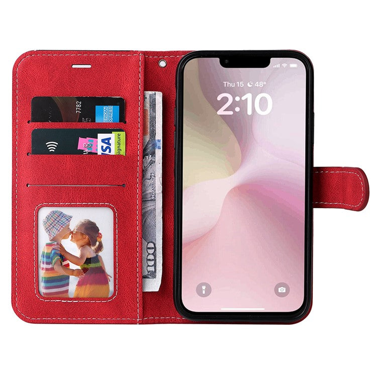 For iPhone 16e Case Wallet PU Leather Three-Color Splicing Phone Cover - Red