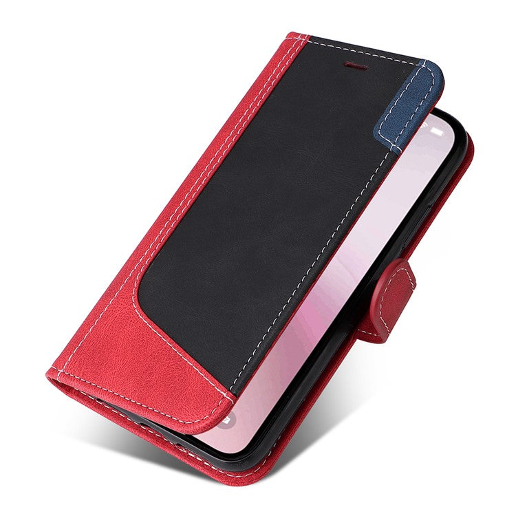 For iPhone 16e Case Wallet PU Leather Three-Color Splicing Phone Cover - Red