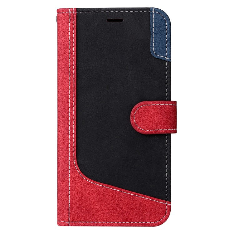 For iPhone 16e Case Wallet PU Leather Three-Color Splicing Phone Cover - Red