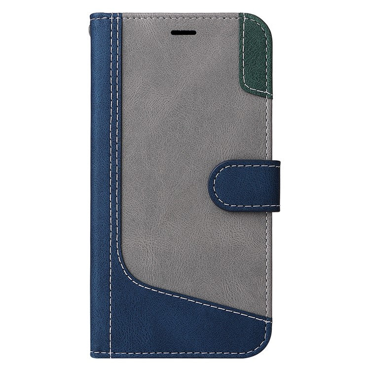 For iPhone 16e Case Wallet PU Leather Three-Color Splicing Phone Cover - Blue