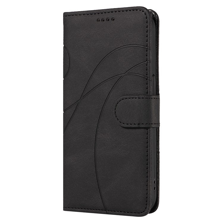For iPhone 16e Case Curved Line Imprinted PU Leather Wallet Phone Cover - Black
