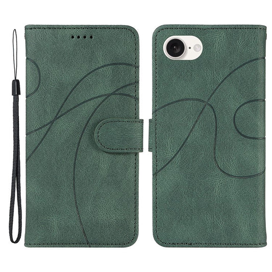 For iPhone 16e Case Curved Line Imprinted PU Leather Wallet Phone Cover - Green