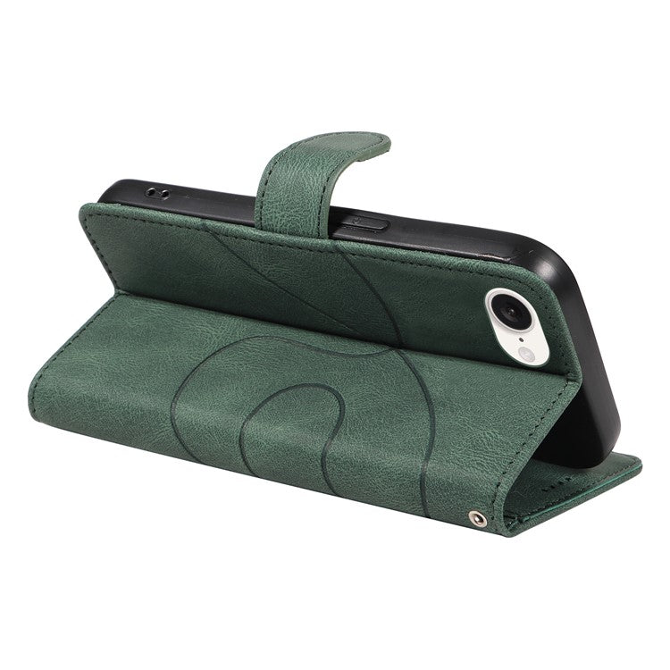 For iPhone 16e Case Curved Line Imprinted PU Leather Wallet Phone Cover - Green