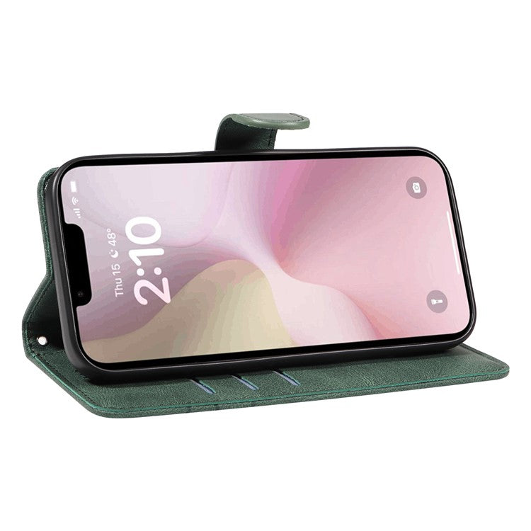 For iPhone 16e Case Curved Line Imprinted PU Leather Wallet Phone Cover - Green
